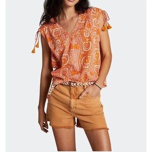 Anthropologie Terra Shirred Orange & Pink Paisley Cap Sleeve Blouse Size Large